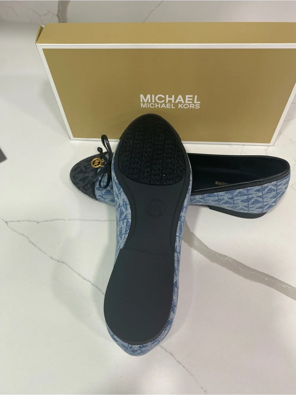 Michael Kors Blue Denim & Black MK Logo Ballet Flats with Gold Charm
